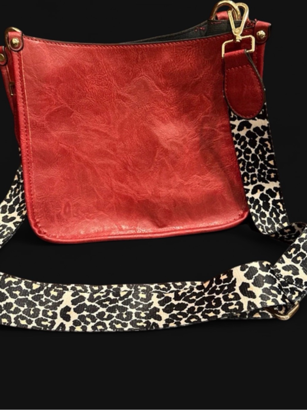 Red Leather Crossbody with Leopard-Print Adjustable Strap